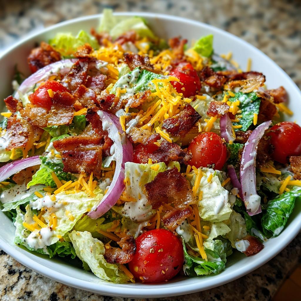 A close-up of a fresh Ranch BLT Salad with crisp lettuce, cherry tomatoes, red onion, shredded cheddar, and crispy bacon bits.