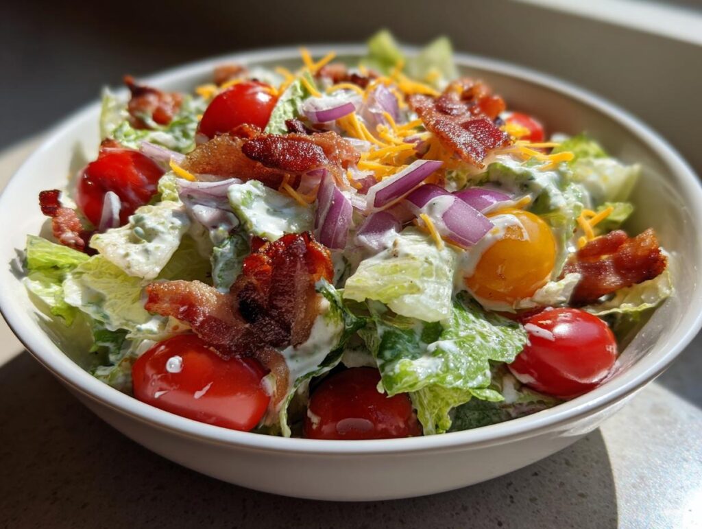 A refreshing bowl of Ranch BLT Salad featuring crisp lettuce, cherry tomatoes, bacon, red onion, and shredded cheese.
