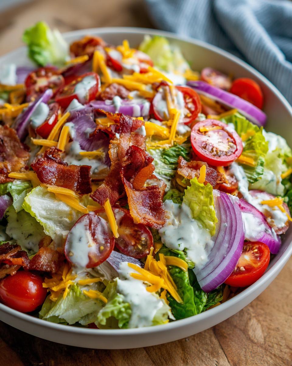 A close-up of a bowl filled with crisp Ranch BLT Salad, featuring lettuce, bacon, tomatoes, red onion, shredded cheese, and ranch dressing.