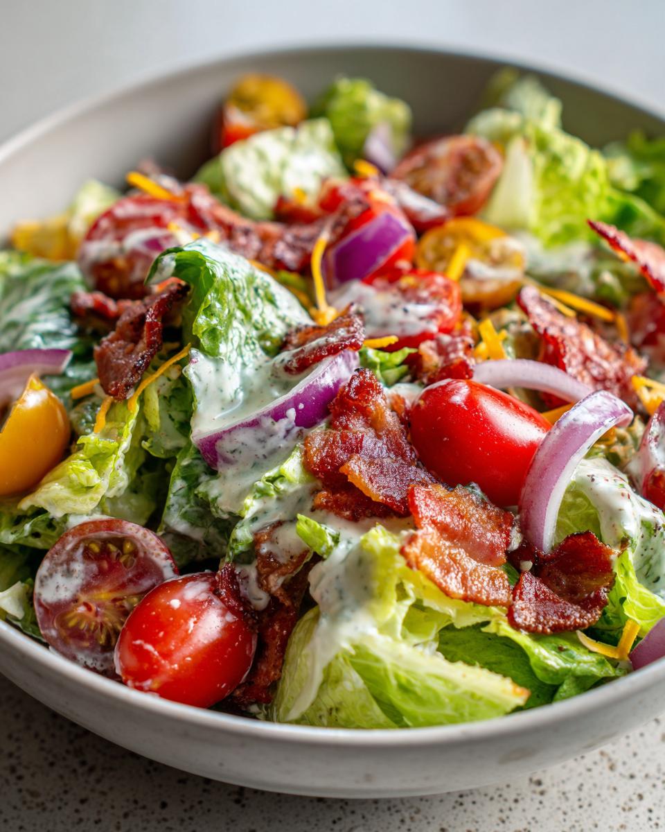 A close-up of a refreshing Ranch BLT Salad, featuring crisp lettuce, bacon, cherry tomatoes, red onion, and shredded cheese, drizzled with ranch dressing.