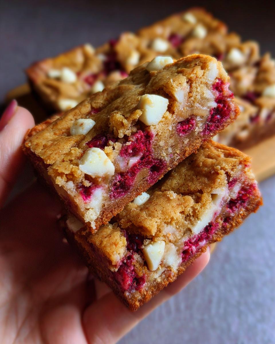 Close-up of two Raspberry White Chocolate Blondies, showing chunks of white chocolate and bright pink raspberries within the golden-brown baked bars.