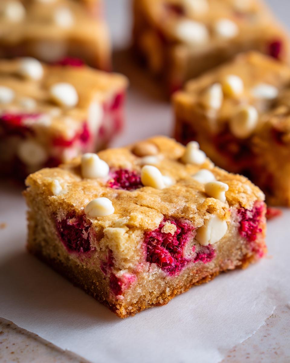 Close-up of a raspberry white chocolate blondie, showing chunks of raspberry and white chocolate chips.