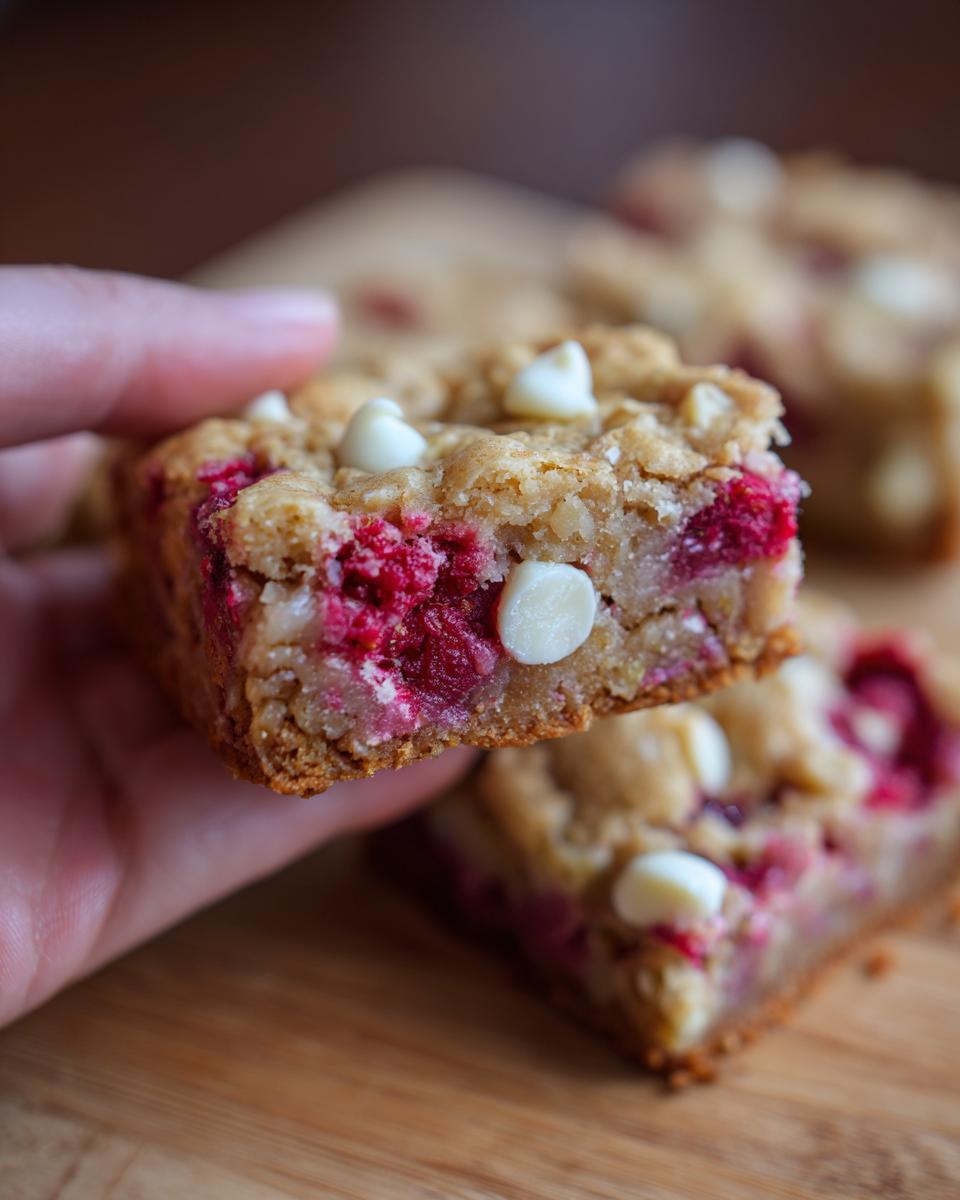 A hand holding a delicious Raspberry White Chocolate Blondie, showcasing white chocolate chips and raspberries.