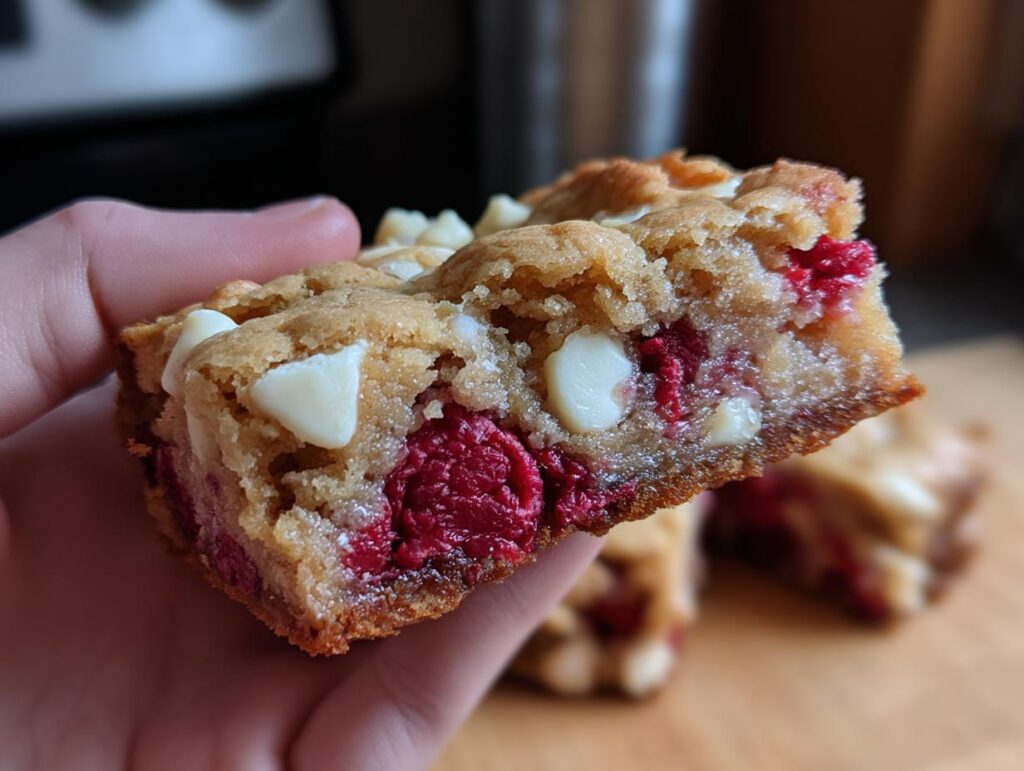 A hand holding a delicious Raspberry White Chocolate Blondie, showcasing chunks of white chocolate and fresh raspberries.