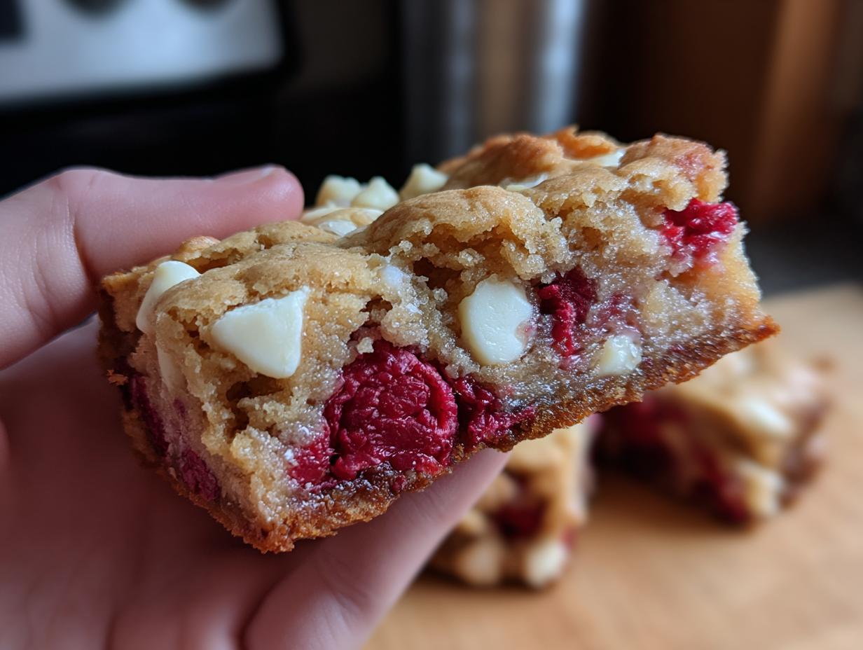 A hand holding a delicious Raspberry White Chocolate Blondie, showcasing chunks of white chocolate and fresh raspberries.