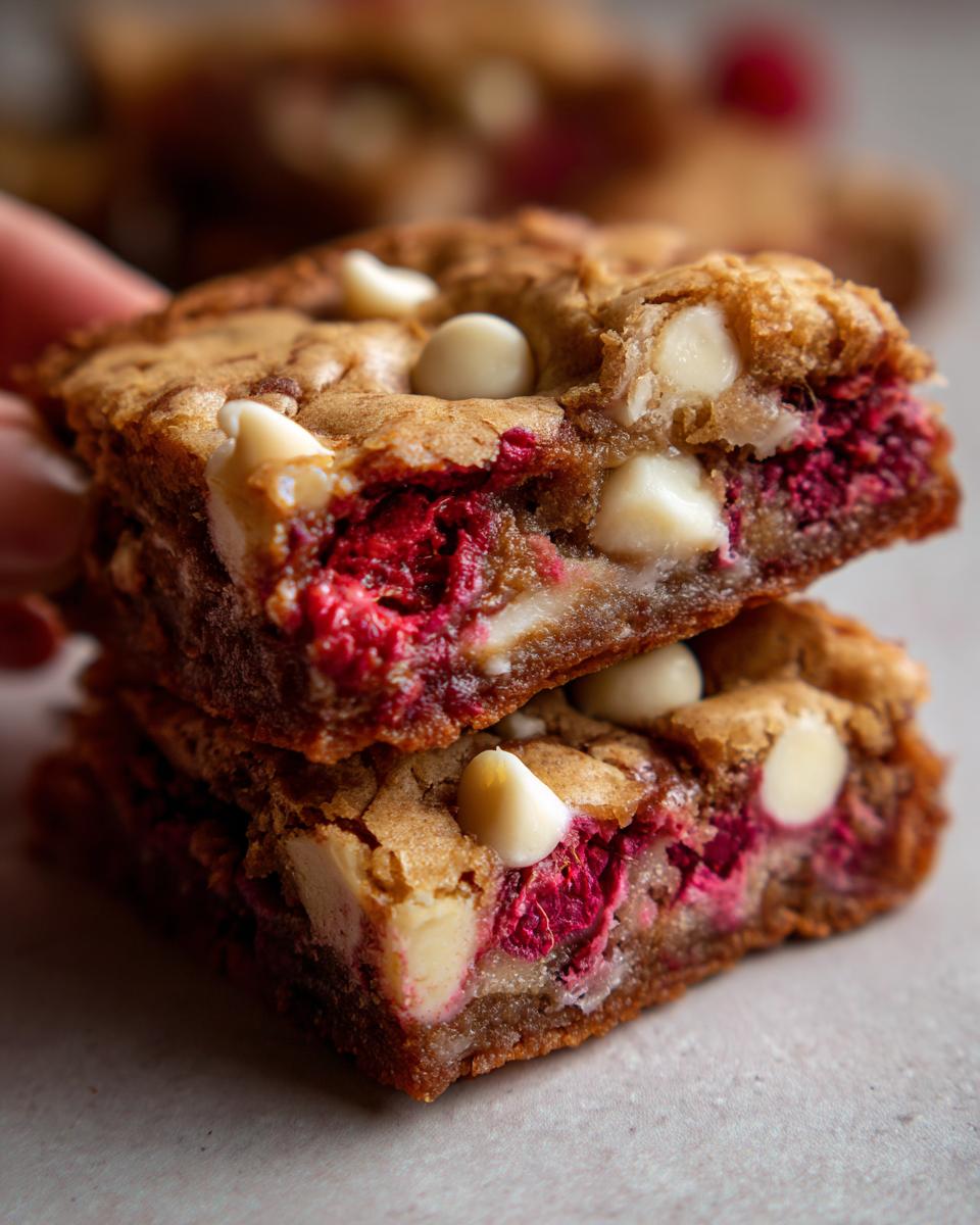 Close-up of two stacked Raspberry White Chocolate Blondies, showing chunks of white chocolate and vibrant raspberries.