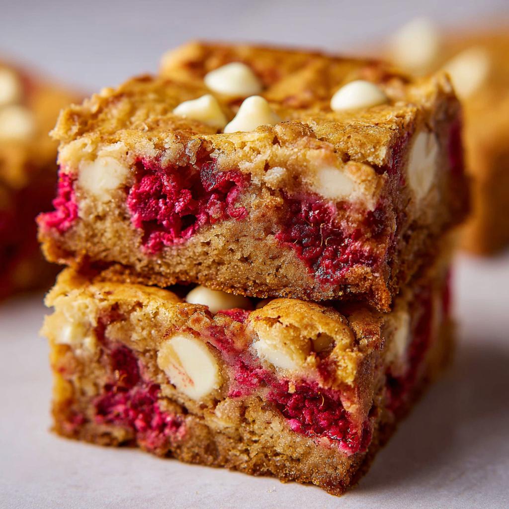 Stack of homemade Raspberry White Chocolate Blondies, showcasing vibrant raspberries and creamy white chocolate chips.