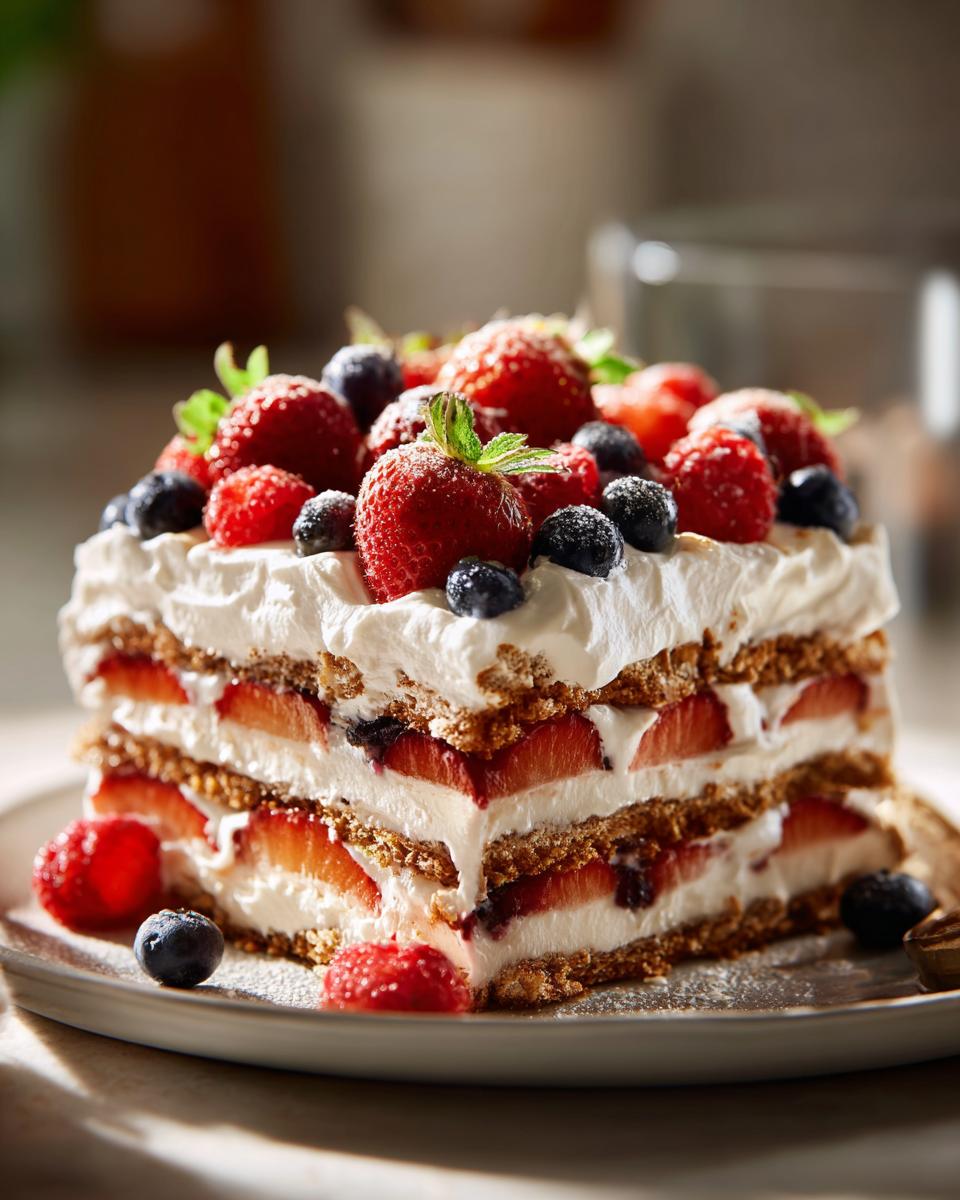 A layered Red White Blue Icebox Cake topped with fresh strawberries, blueberries, and raspberries.