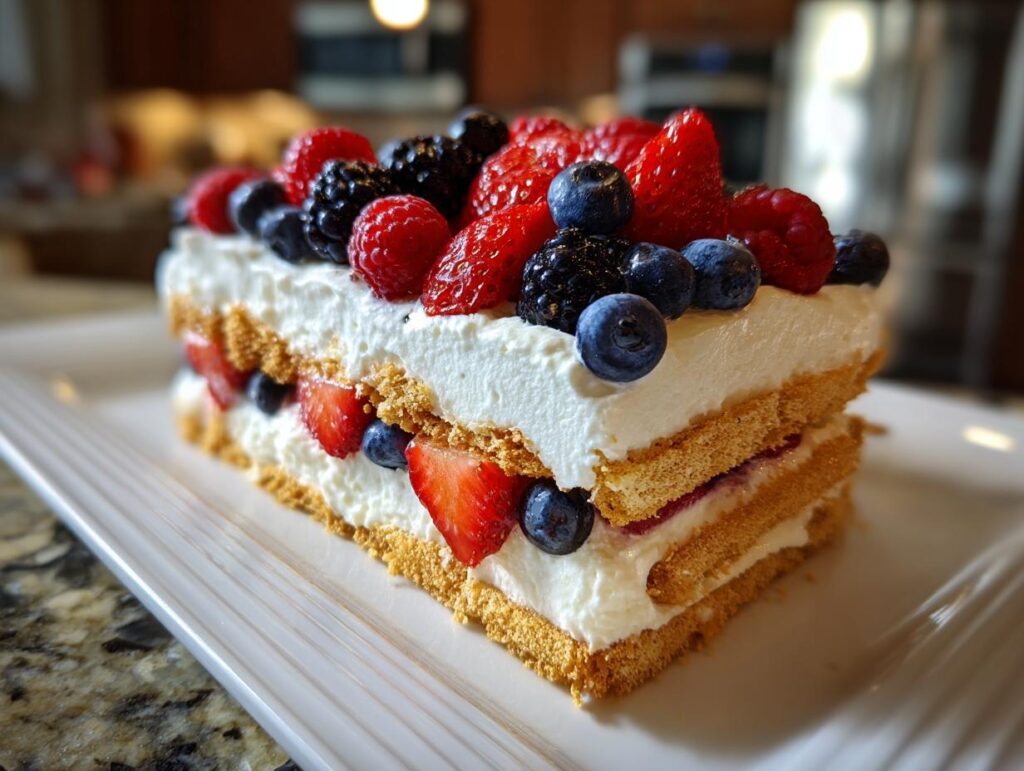 A slice of Red White Blue Icebox Cake layered with whipped cream and fresh strawberries, blueberries, and raspberries.