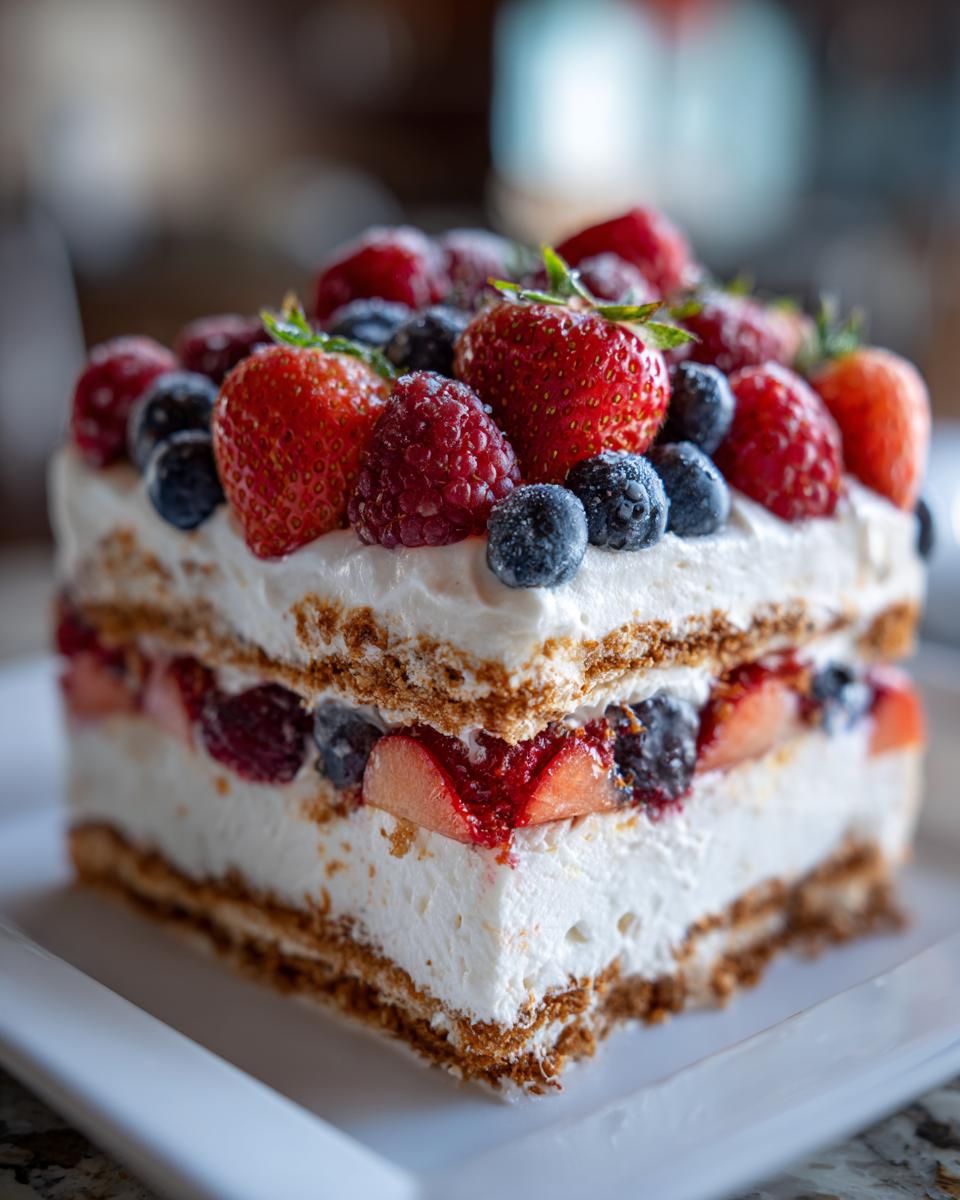 A slice of Red White Blue Icebox Cake layered with whipped cream and fresh strawberries, blueberries, and raspberries.