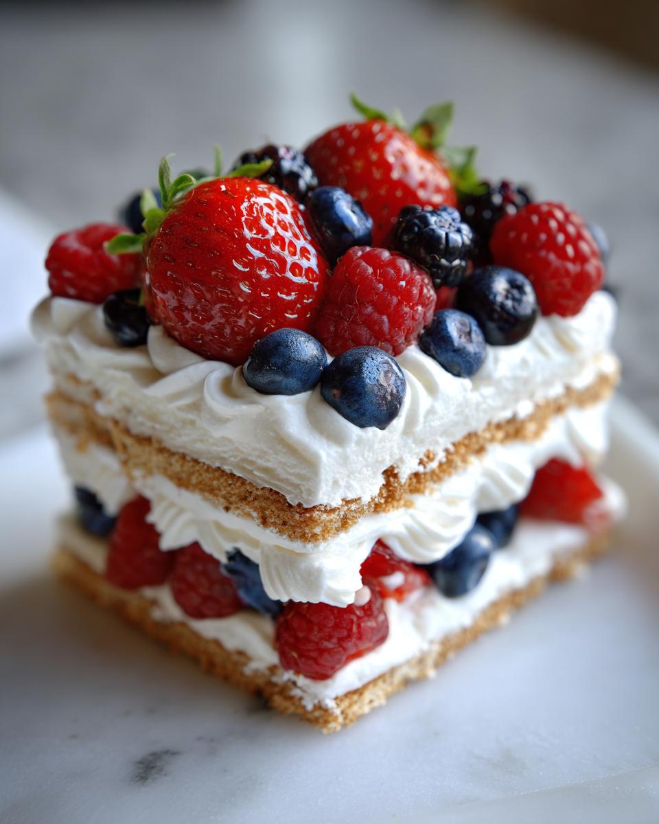 A slice of Red White Blue Icebox Cake layered with whipped cream and fresh berries like strawberries, blueberries, and raspberries.