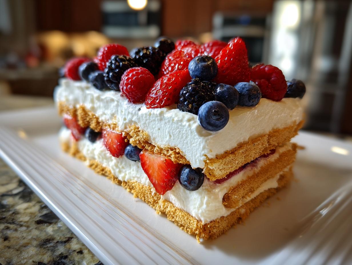 A slice of Red White Blue Icebox Cake layered with whipped cream and fresh strawberries, blueberries, and raspberries.