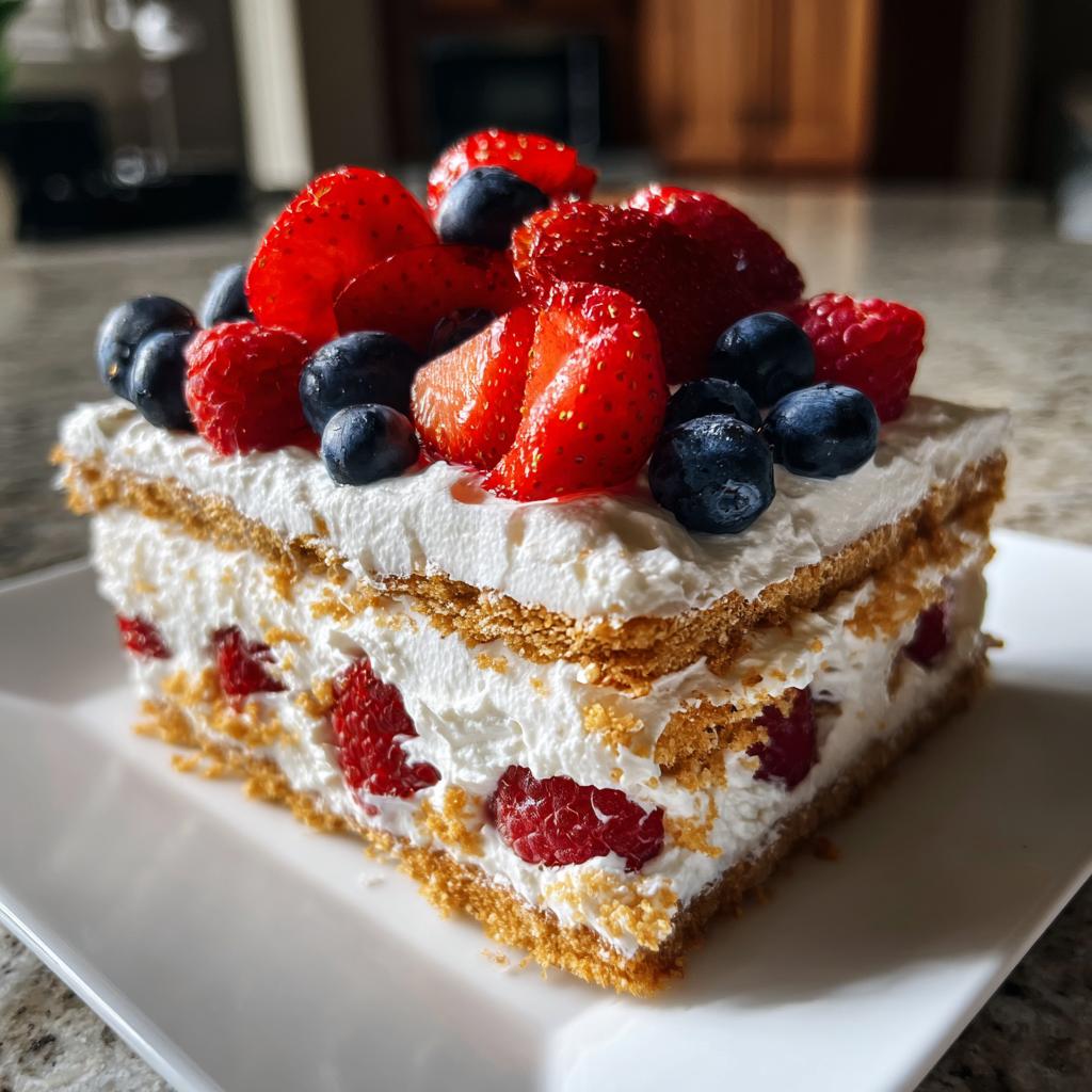A slice of Red White Blue Icebox Cake layered with whipped cream and fresh strawberries, blueberries, and raspberries.