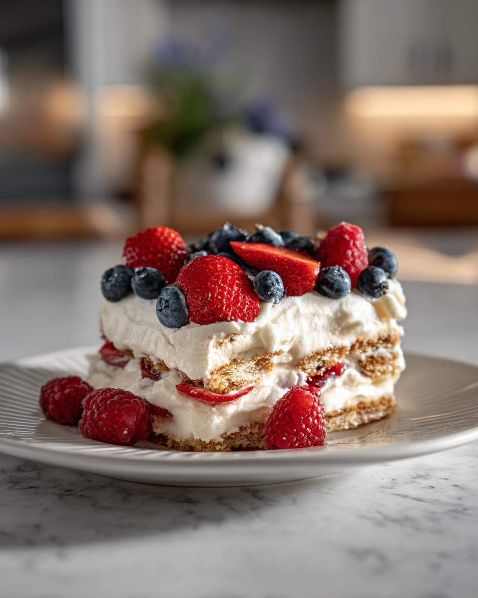 A slice of red white blue icebox cake topped with strawberries, blueberries, and raspberries.