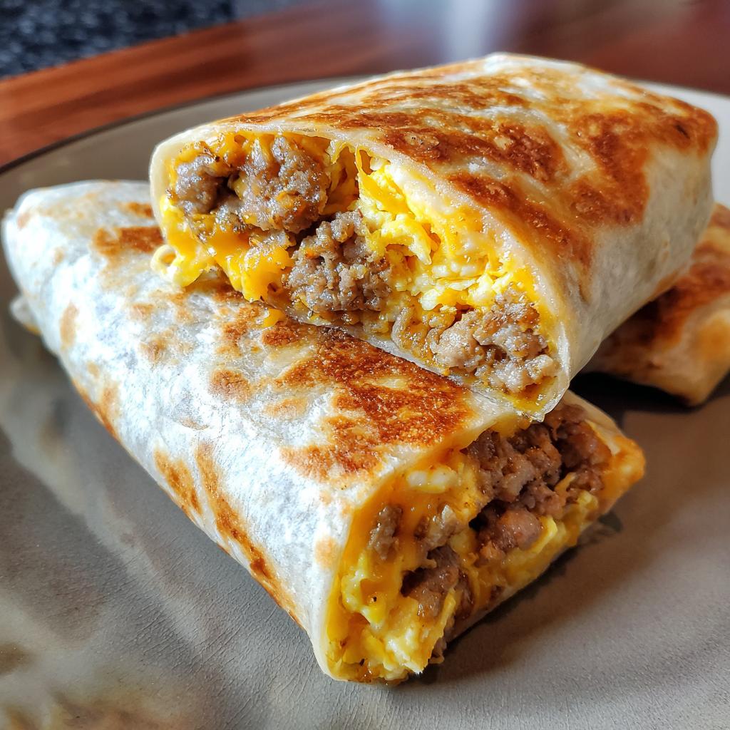 Close-up of a sausage breakfast burrito cut in half, showing scrambled eggs, sausage, and melted cheese.