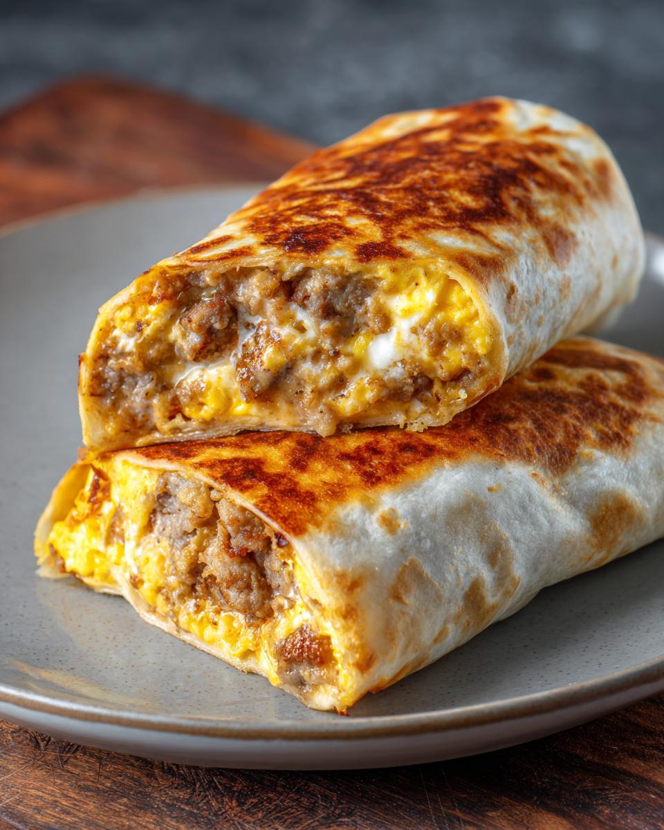 Close-up of a sausage breakfast burrito, cut in half, showing scrambled eggs and sausage filling.