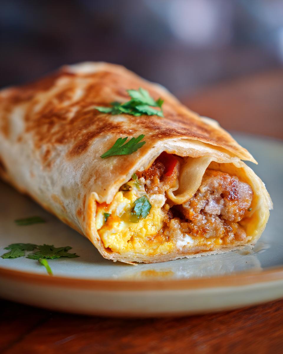 Close-up of a delicious sausage breakfast burrito, showing scrambled eggs, sausage, and cilantro.