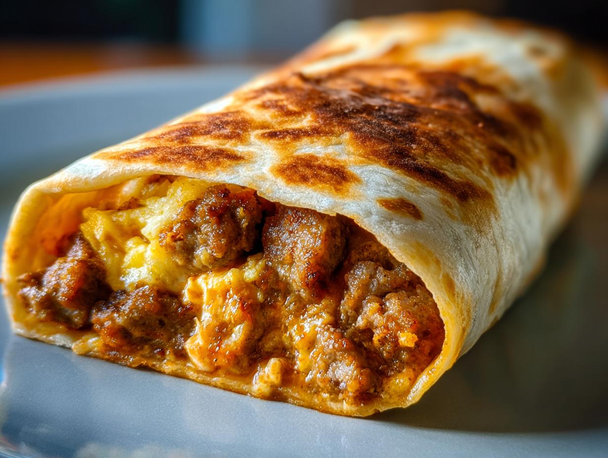 A close-up of a perfectly grilled sausage breakfast burrito, showing the savory filling of scrambled eggs and sausage.
