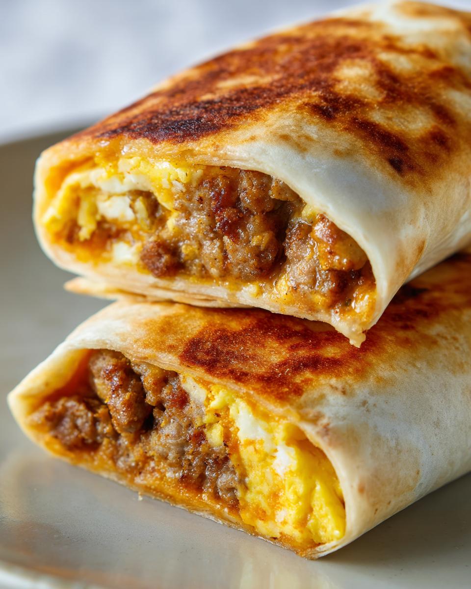 Two halves of a sausage breakfast burrito, showing scrambled eggs and sausage filling.