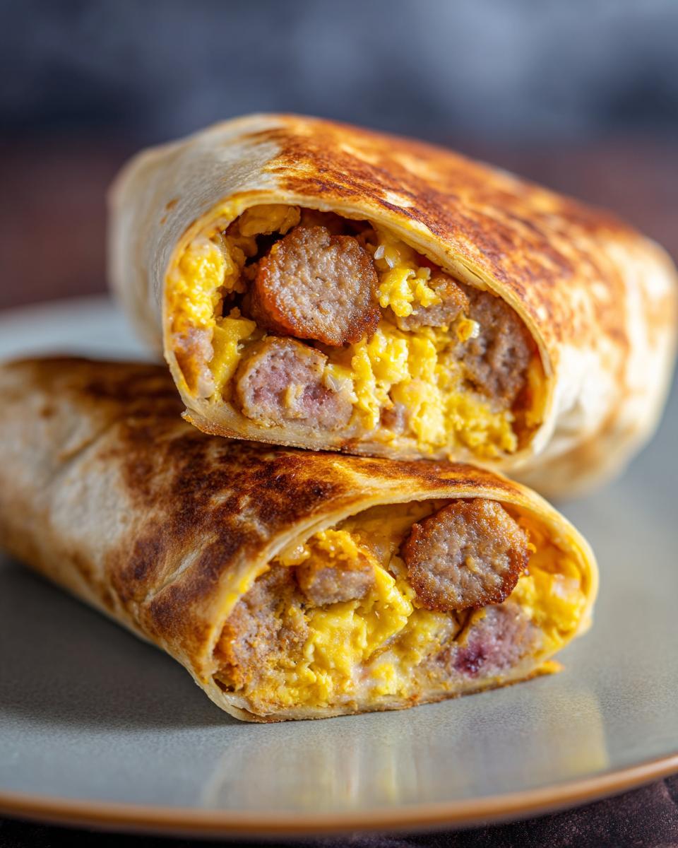 Close-up of two halves of a sausage breakfast burrito, showing scrambled eggs, sausage links, and tortilla.