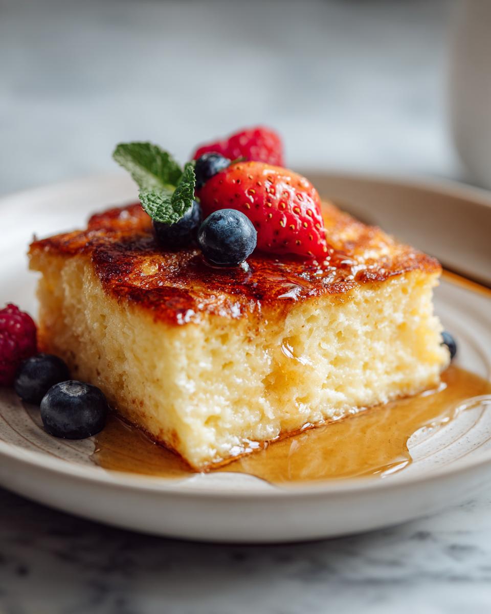 A slice of sheet pan pancake topped with fresh berries, mint, and drizzled with syrup.