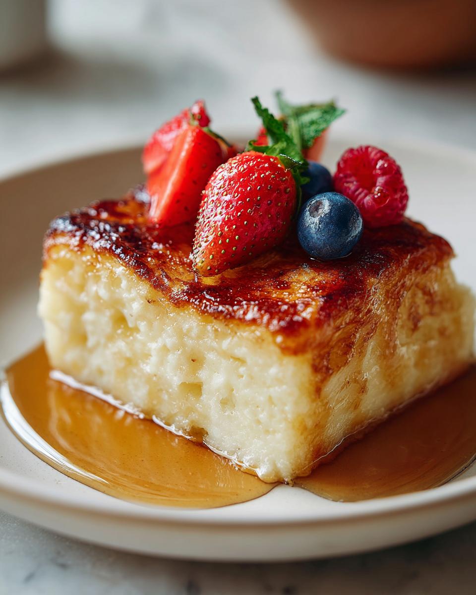 A slice of sheet pan pancake topped with fresh berries and syrup, a great breakfast idea.