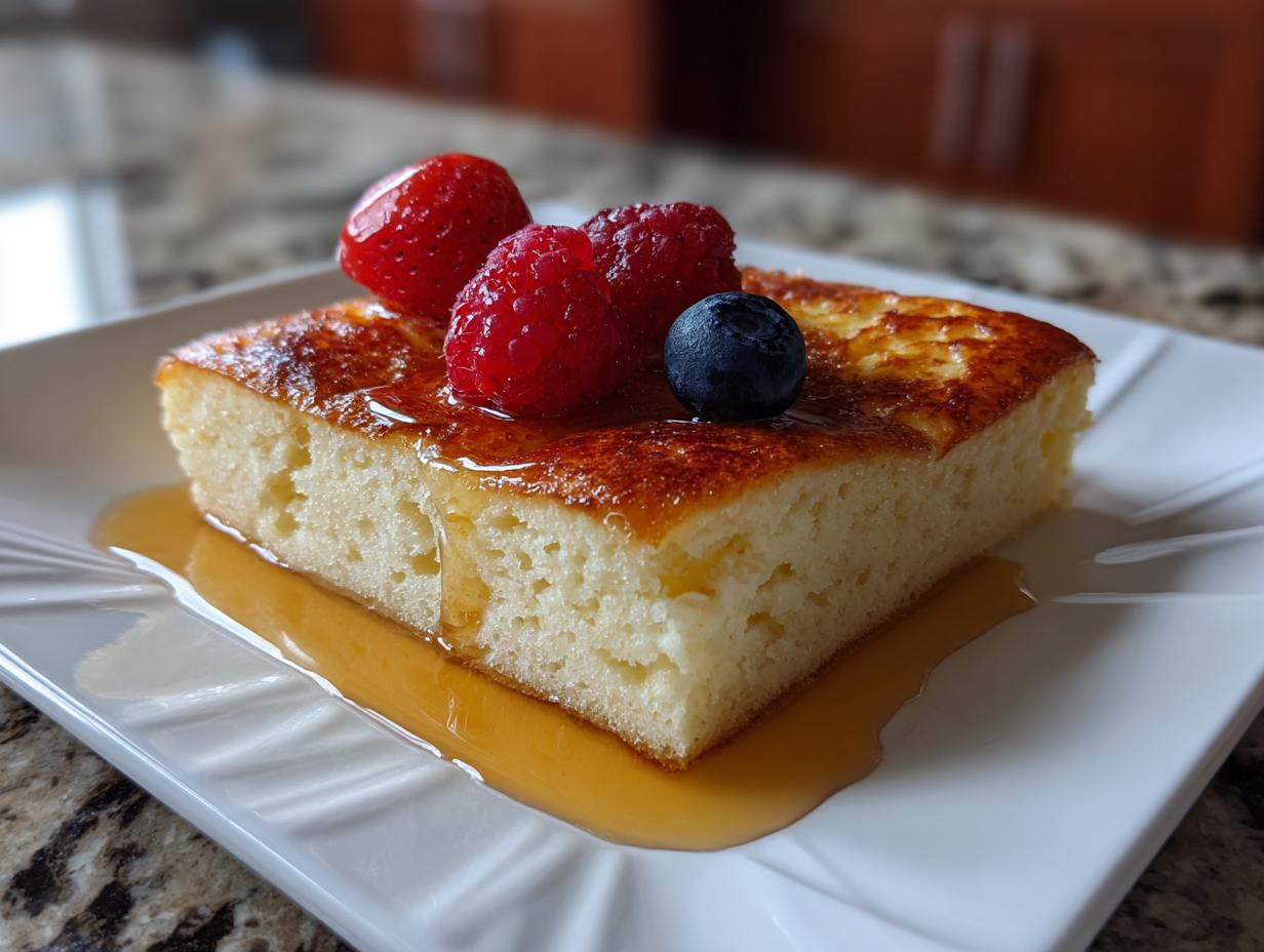 A slice of sheet pan pancake topped with fresh berries and drizzled with syrup, perfect for busy morning breakfast ideas.