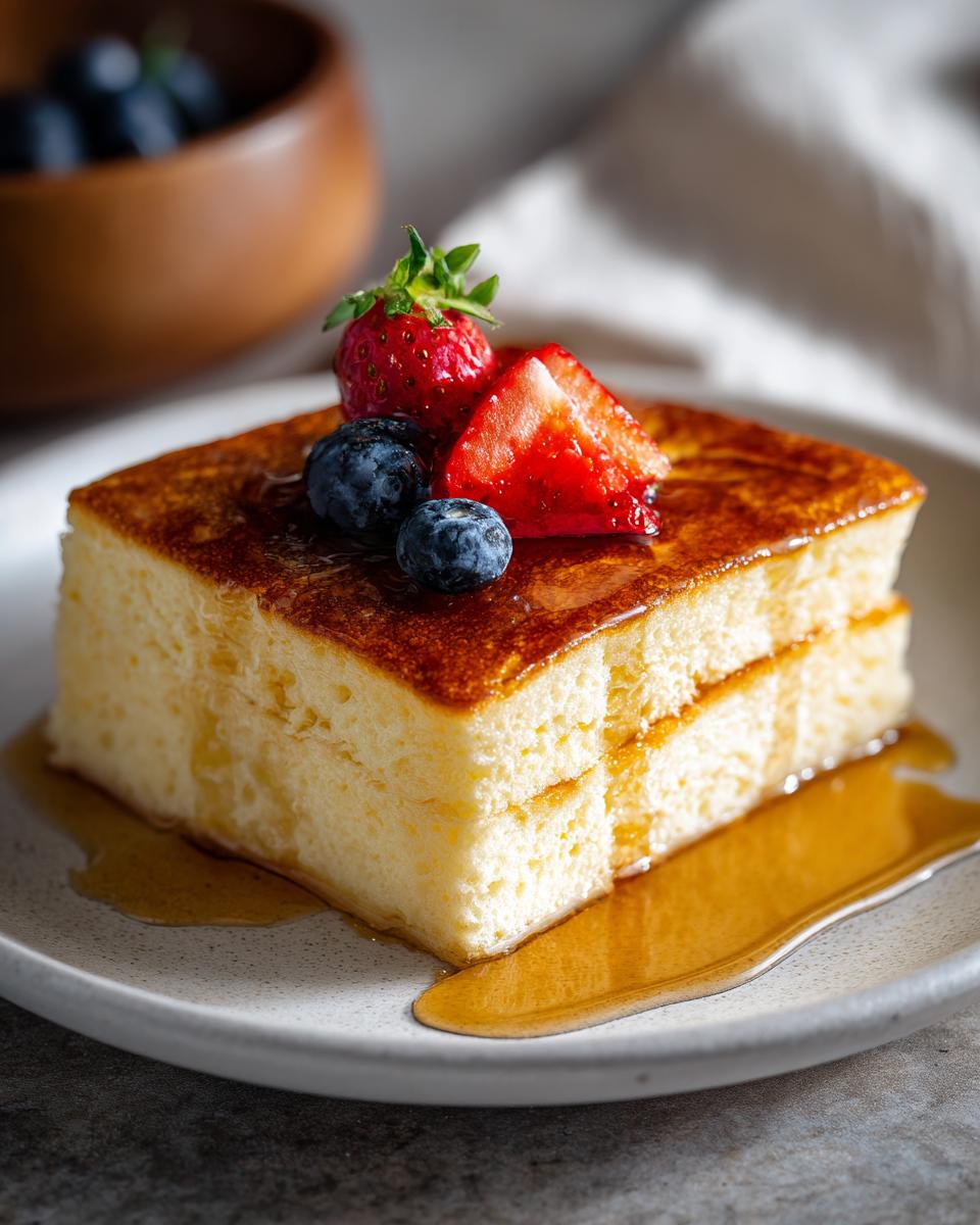 A delicious slice of sheet pan pancakes topped with fresh strawberries and blueberries, drizzled with syrup.