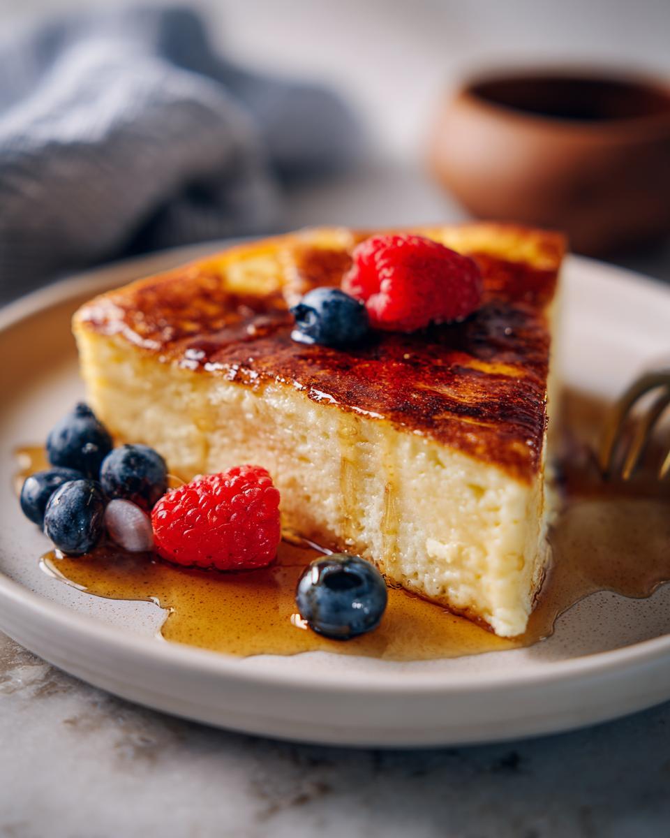 A slice of sheet pan pancakes topped with berries and syrup, perfect for busy morning breakfast ideas.