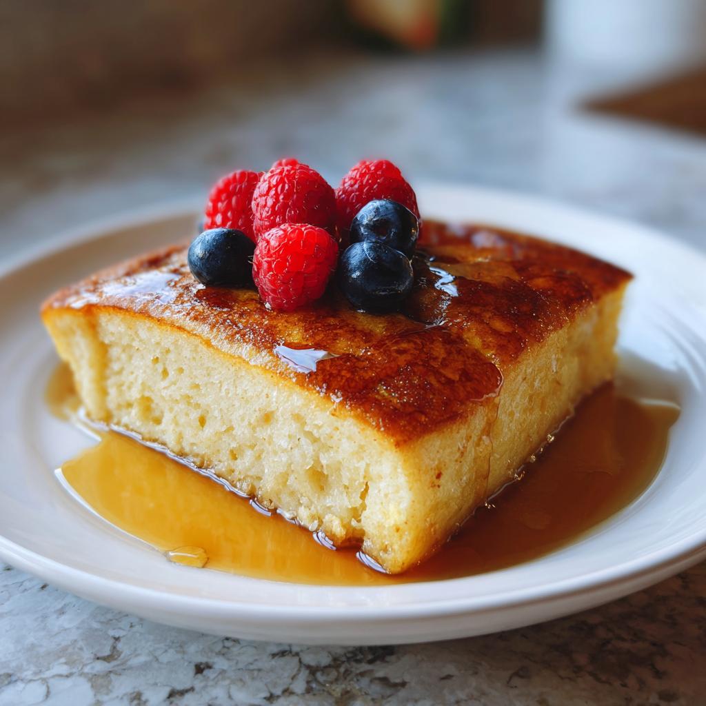 A slice of sheet pan pancake topped with fresh berries and syrup, perfect for busy mornings.