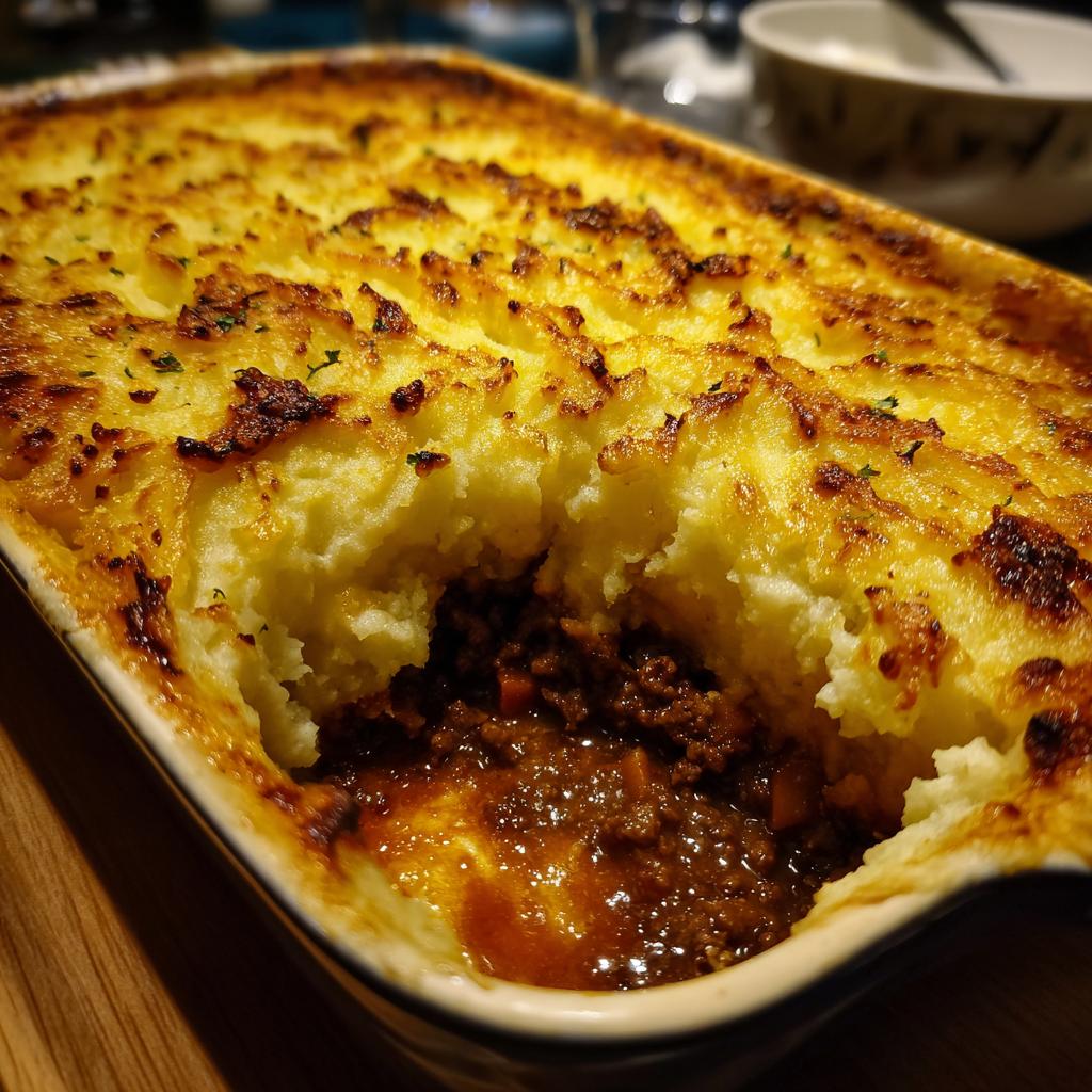 A close-up of a rich and hearty Shepherd's Pie, showcasing the golden-brown mashed potato topping and savory ground beef filling.
