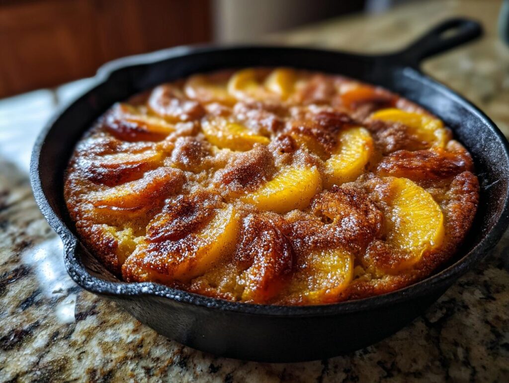 A golden-brown skillet cake topped with glistening peach slices and a dusting of cinnamon sugar.