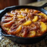 A golden-brown skillet cake topped with glistening peach slices and a dusting of cinnamon sugar.