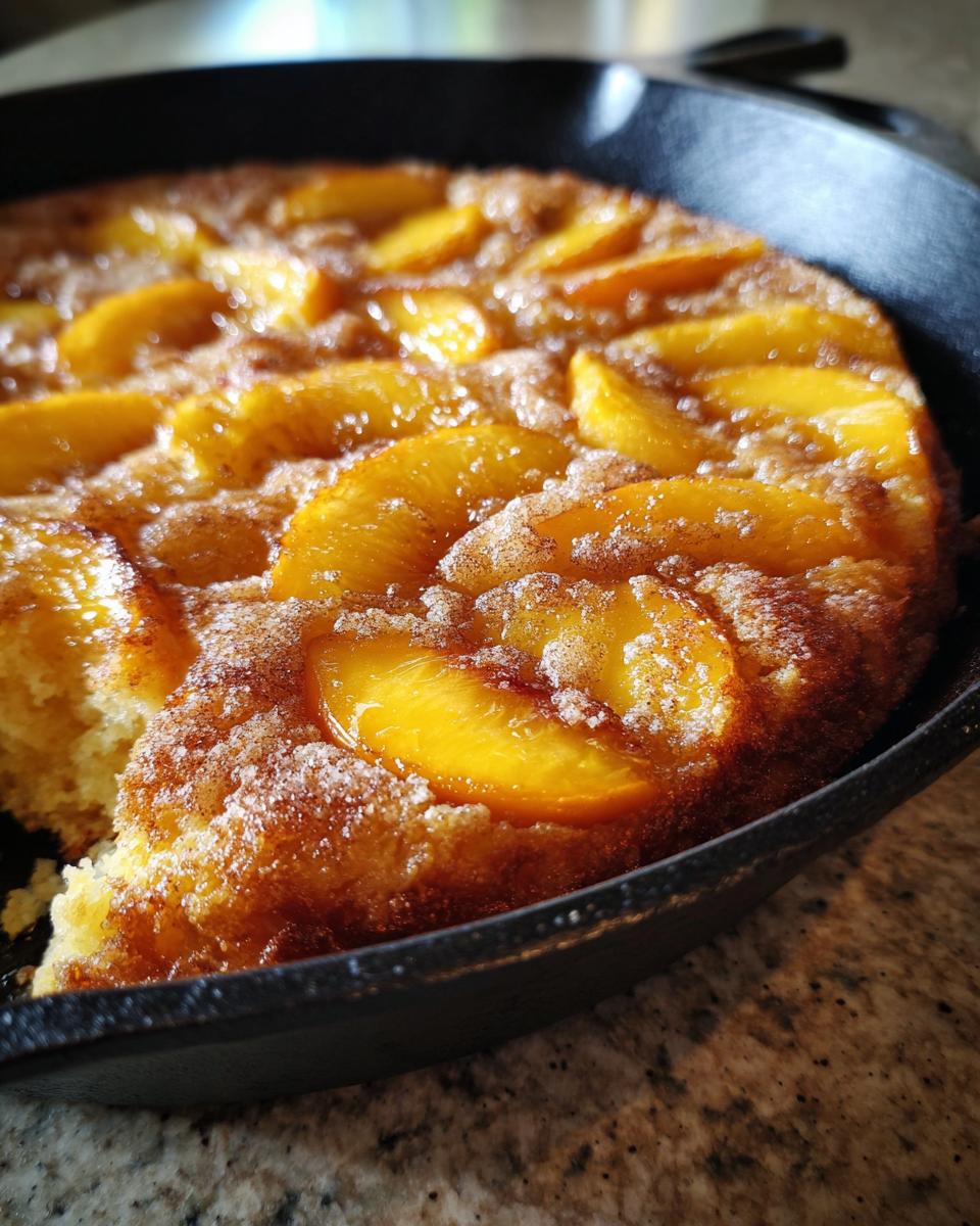 Close-up of a skillet cake topped with glistening peach slices, a perfect example of peach recipes for skillet cake with soft summer fruit.