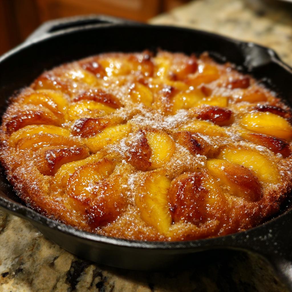 Close-up of a freshly baked skillet peach cake, topped with glistening caramelized peach slices and a dusting of powdered sugar.