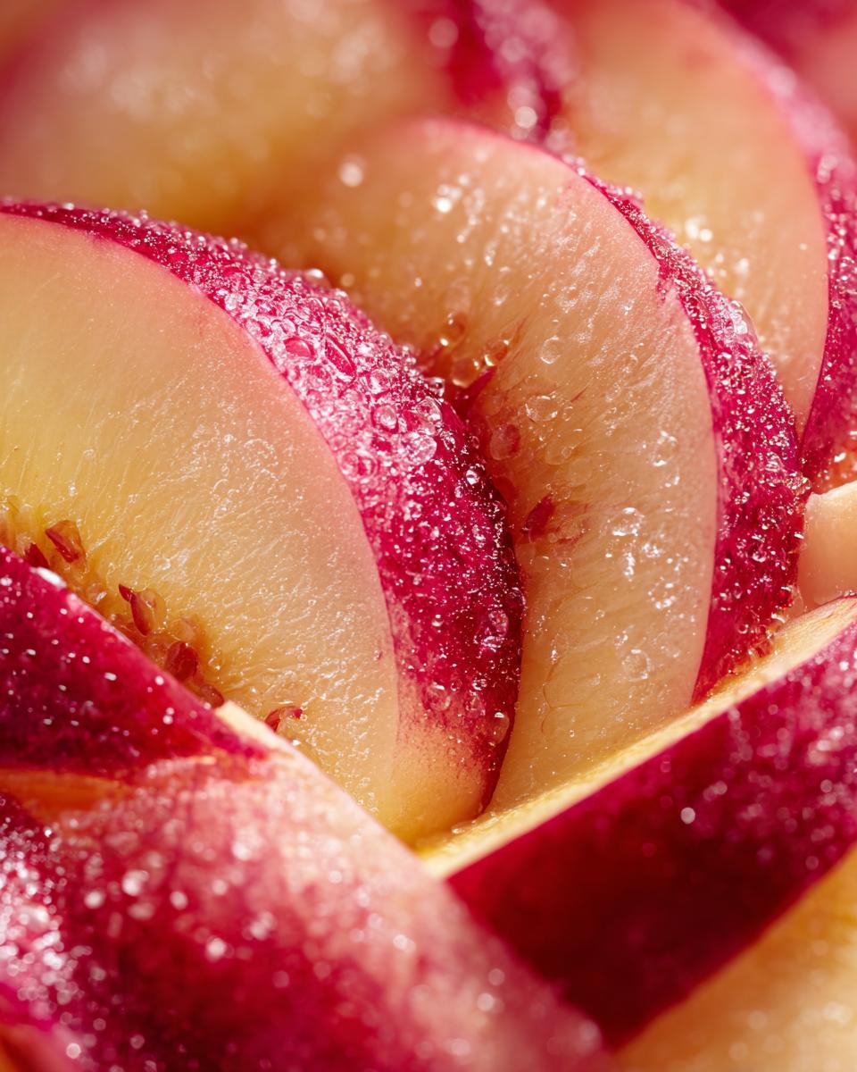 Close-up of juicy, sliced peaches with water droplets, perfect for peach recipes and yogurt smoothies.
