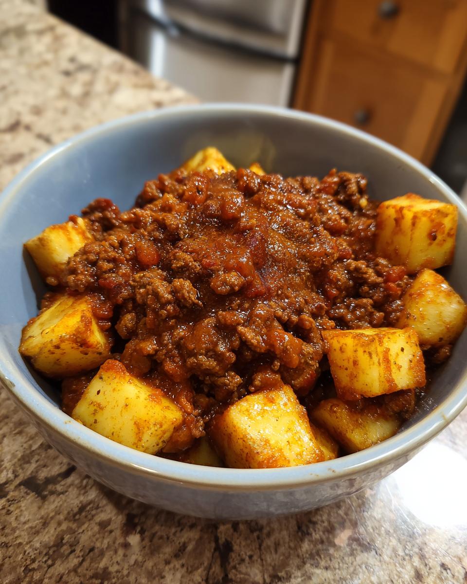 A close-up of a blue bowl filled with crispy potatoes and topped with a hearty ground beef sloppy joe mixture.