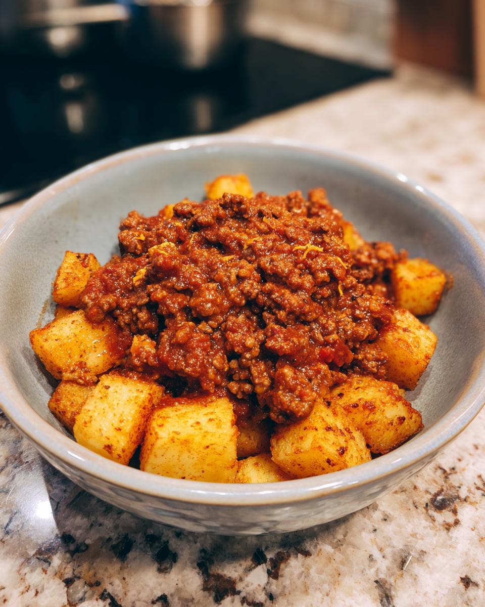 A close-up of a bowl filled with crispy potatoes topped with savory ground beef sloppy joe mixture.