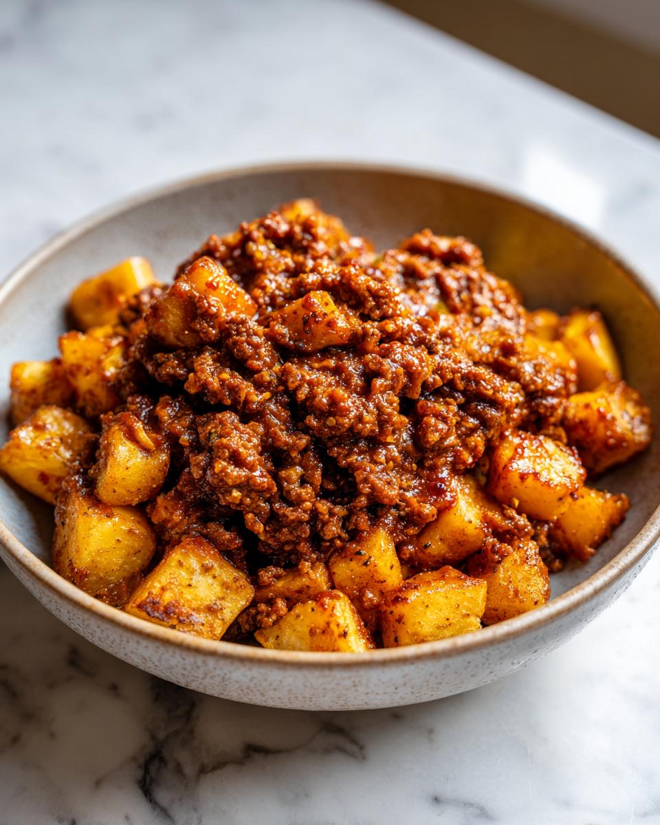 A bowl of crispy potatoes topped with savory ground beef sloppy joe mixture.