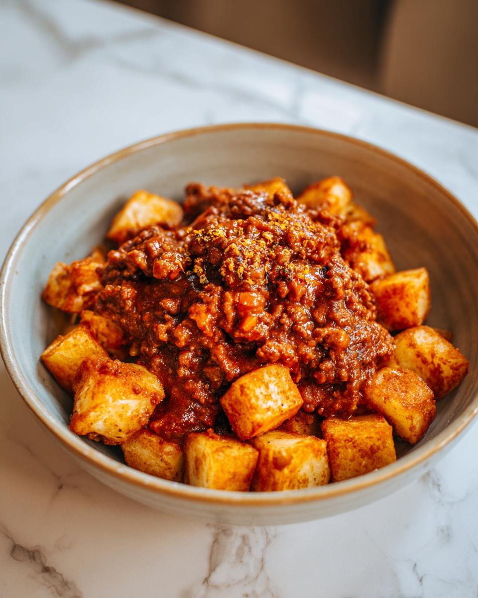 A bowl of crispy potatoes topped with hearty ground beef sloppy joe mixture.