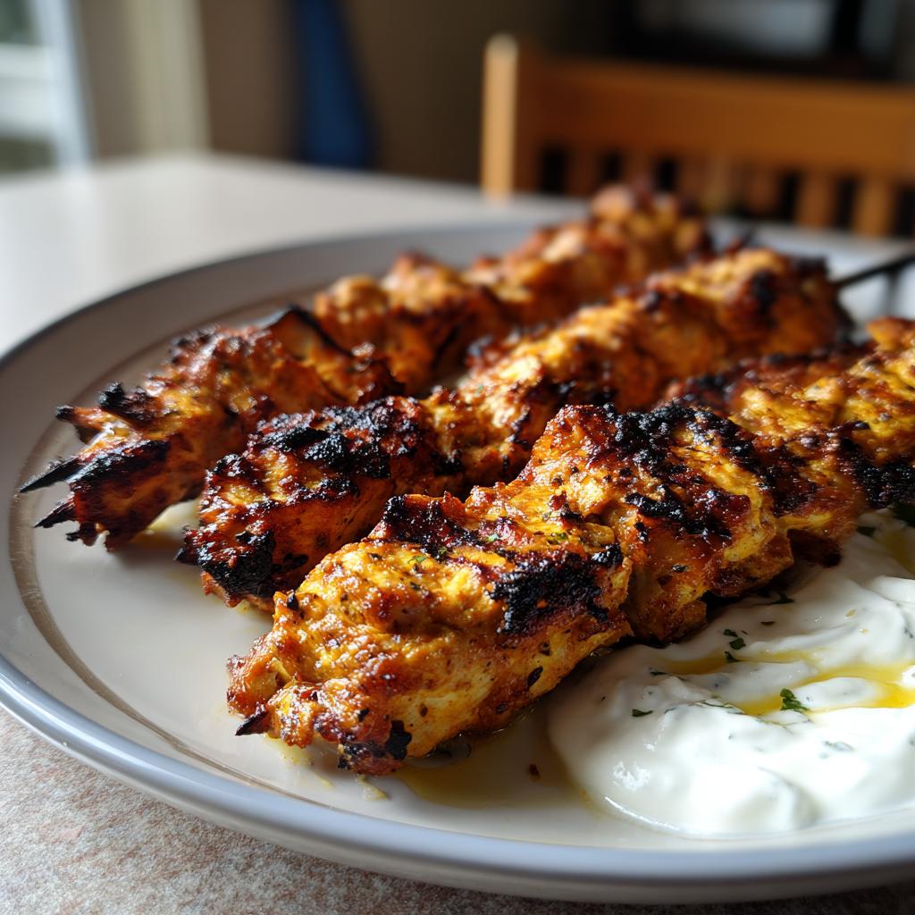 Close-up of smoky chicken skewers grilled to perfection, served with a side of creamy garlic yogurt.