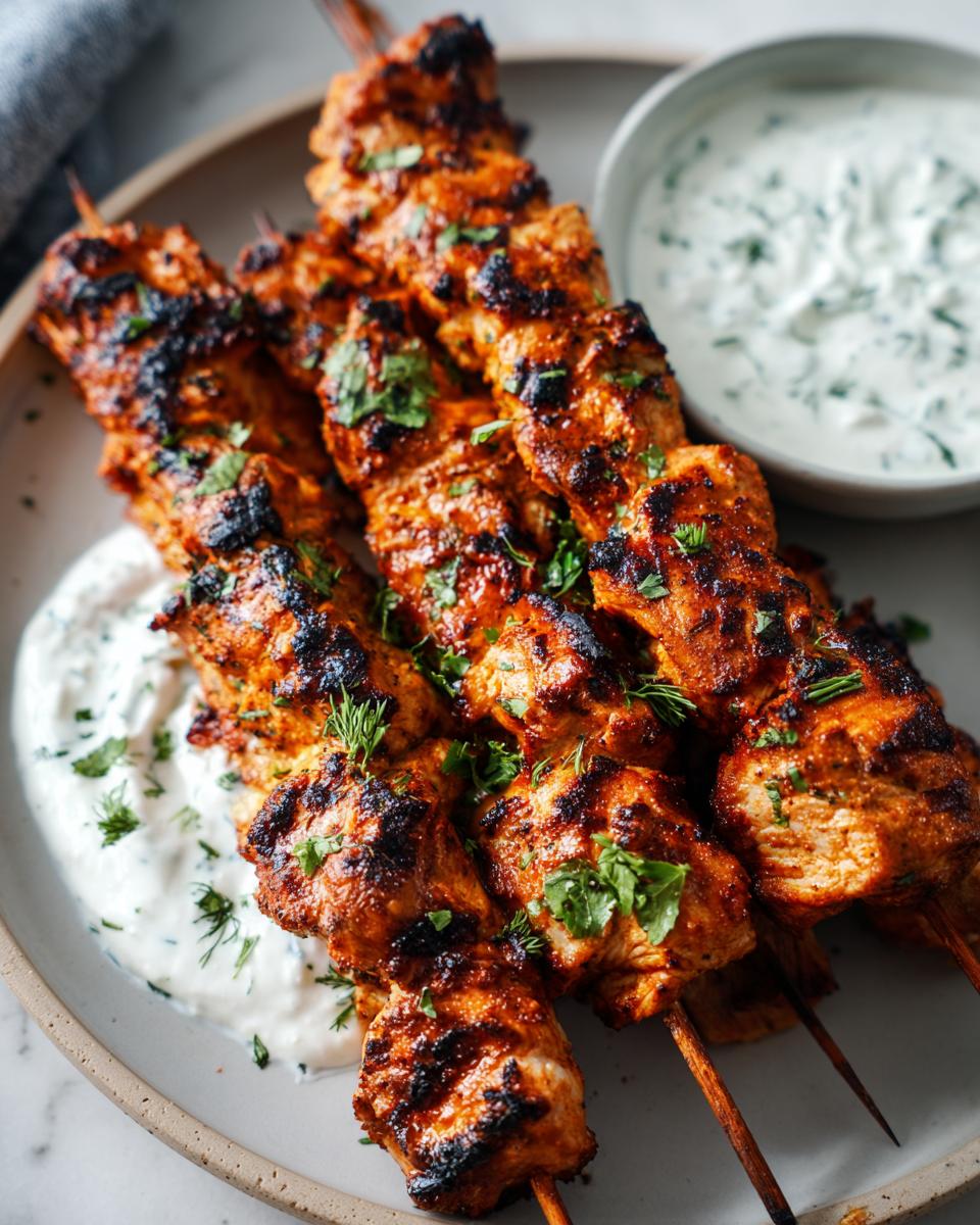 Close-up of juicy, grilled smoky chicken skewers served with a creamy garlic yogurt sauce and fresh herbs.