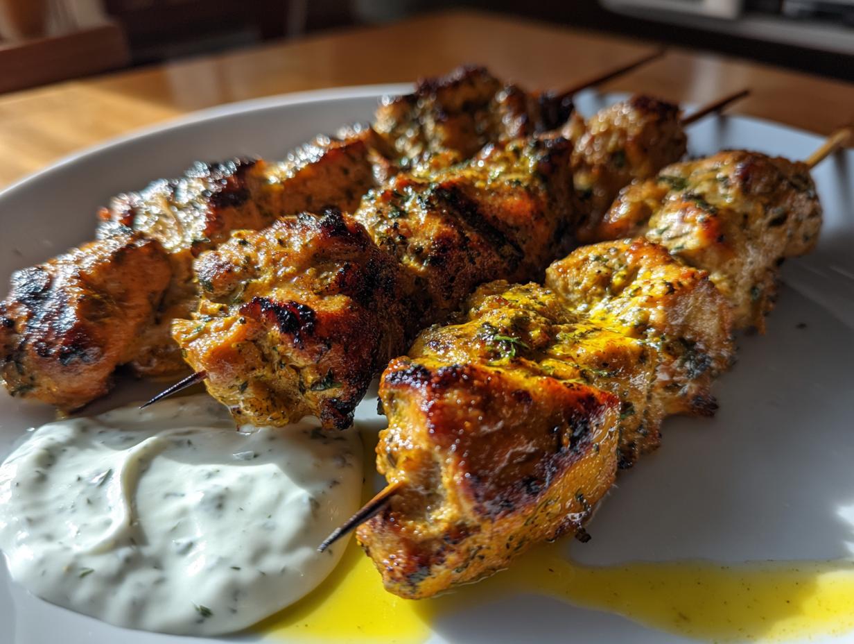 Close-up of grilled smoky chicken skewers served with a dollop of garlic yogurt dip.