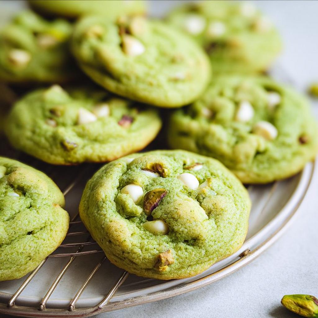 Close-up of soft and chewy pistachio pudding cookies with white chocolate chips and chopped pistachios.