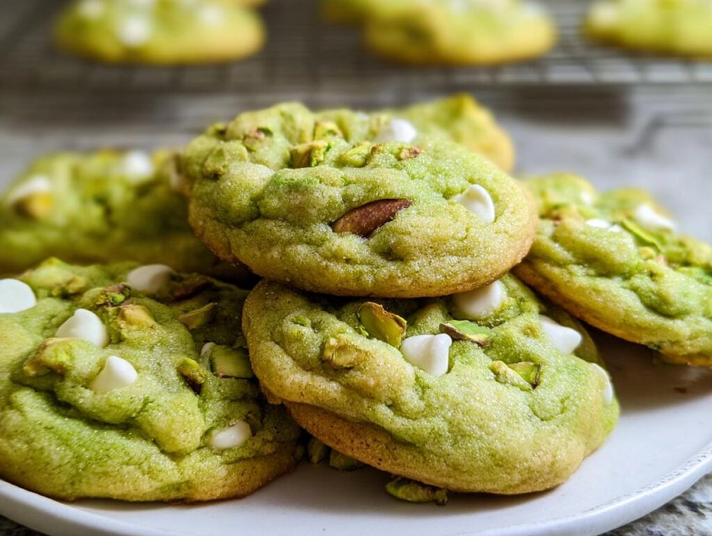 A close-up of soft and chewy pistachio pudding cookies, studded with white chocolate chips and chopped pistachios.