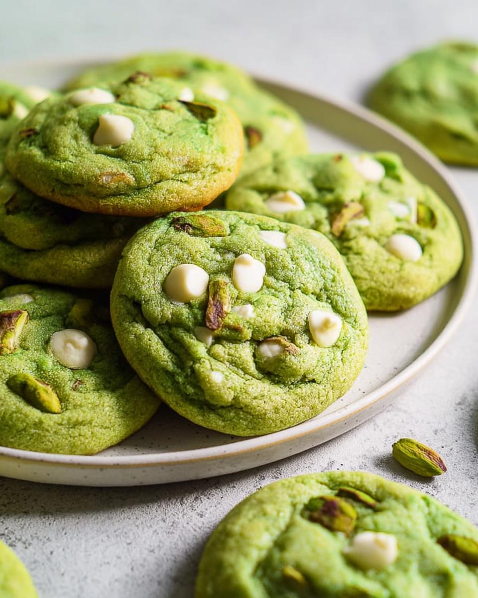 A close-up of soft and chewy pistachio pudding cookies studded with white chocolate chips and chopped pistachios.