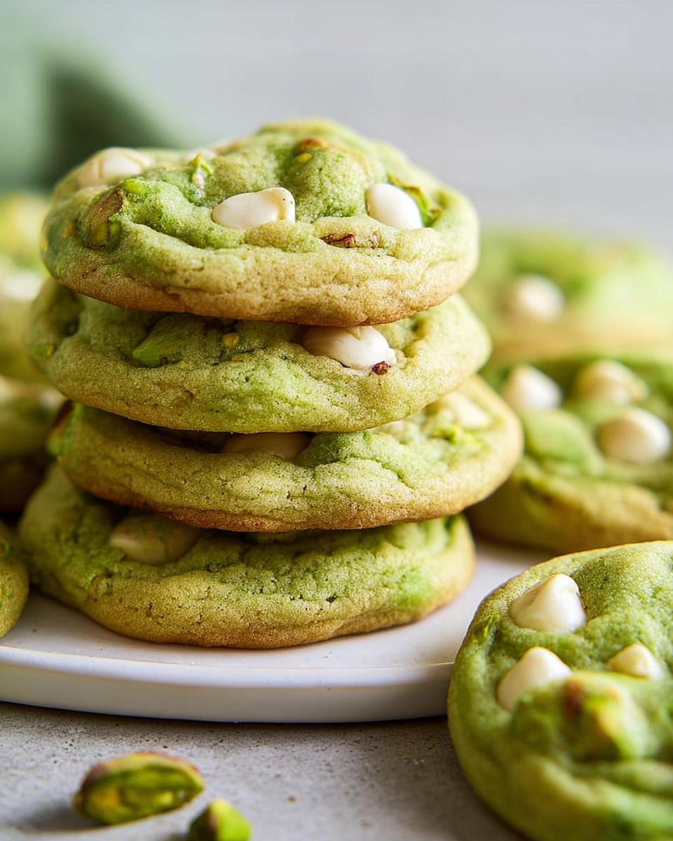 A stack of soft and chewy pistachio pudding cookies with white chocolate chips and visible pistachio pieces.