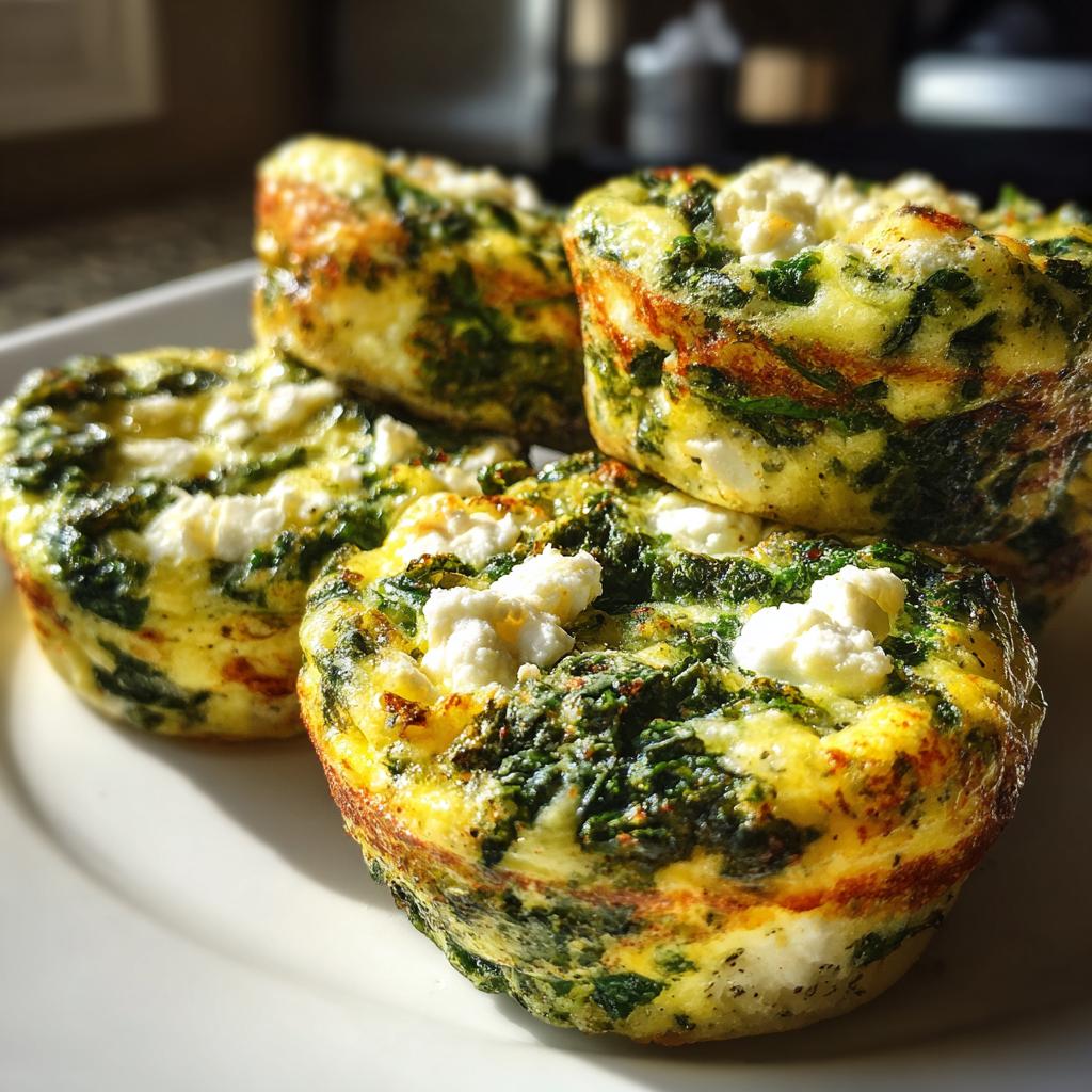 Close-up of four golden-brown spinach feta egg muffins on a white plate, showcasing chunks of feta cheese and spinach.