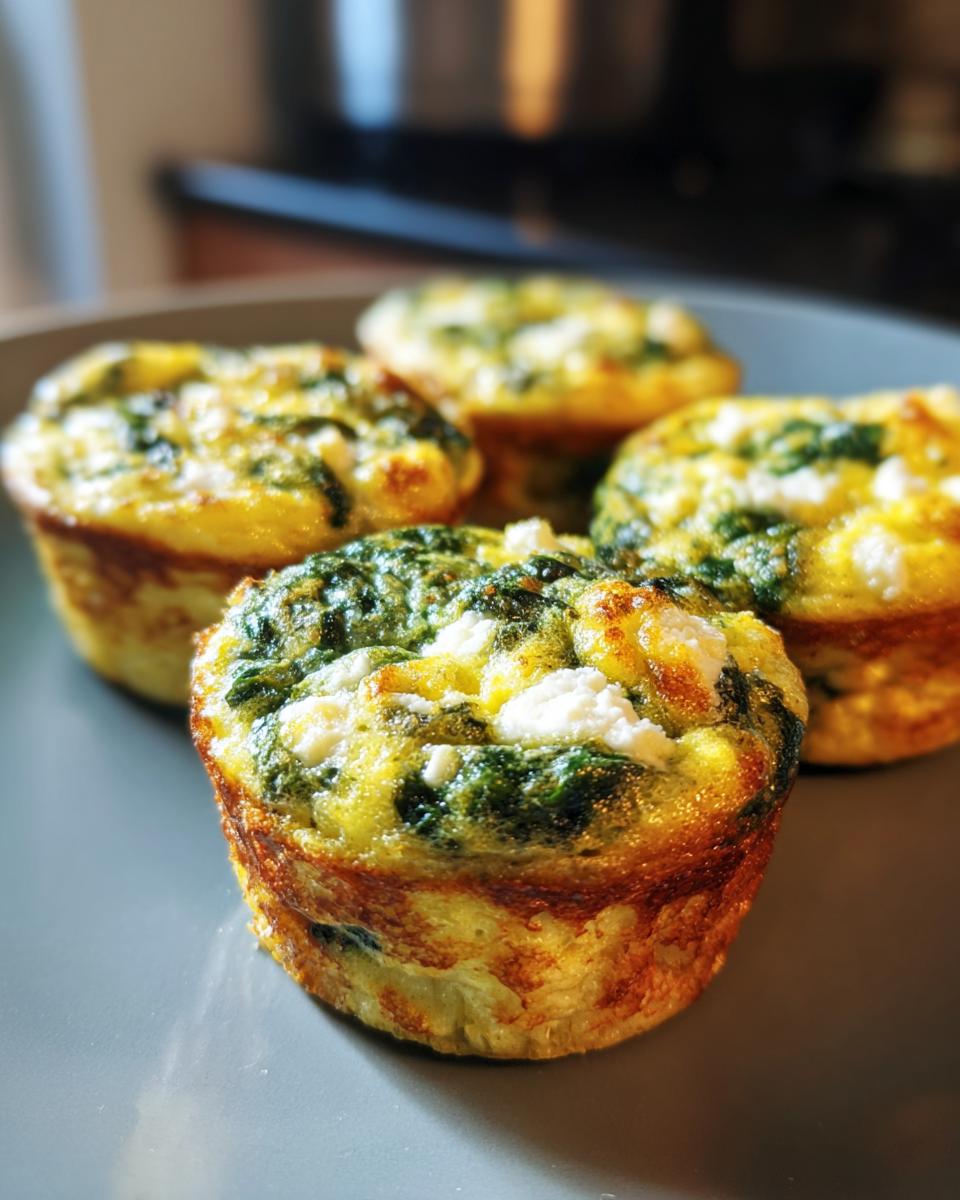 Close-up of delicious spinach feta egg muffins, showcasing a perfect golden-brown crust and fluffy interior.