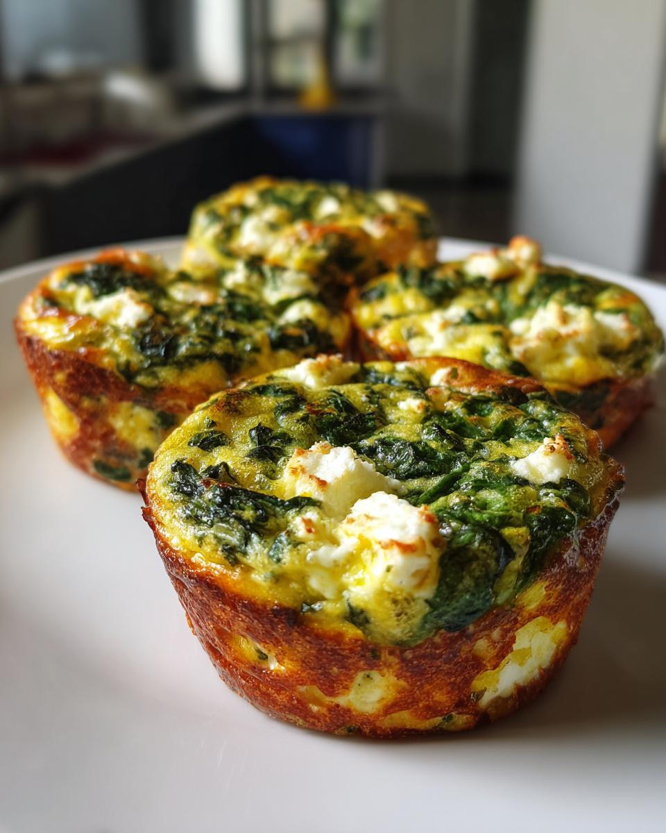 Close-up of four golden-brown spinach feta egg muffins on a white plate, showcasing the vibrant green spinach and white feta cheese.